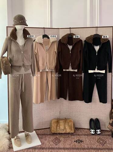 ajroom秋圈圈毛领拉链短款外套休闲宽松显瘦阔腿裤三件套针织套装