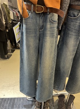 mok重工满天星烫钻高腰阔腿牛仔裤女加绒宽松显瘦直筒拖地裤6257