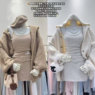 艾米Amy韩系慵懒风三件套女秋季新款毛衣针织开衫搭腰带短裙套装