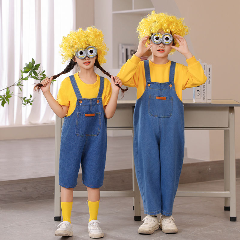 幼儿园小黄人cos衣服套装儿童演出服装小学生运动会牛仔背带裤冬