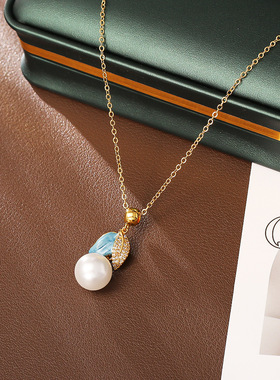 STINA新款珐琅滴釉蓝色树叶项链