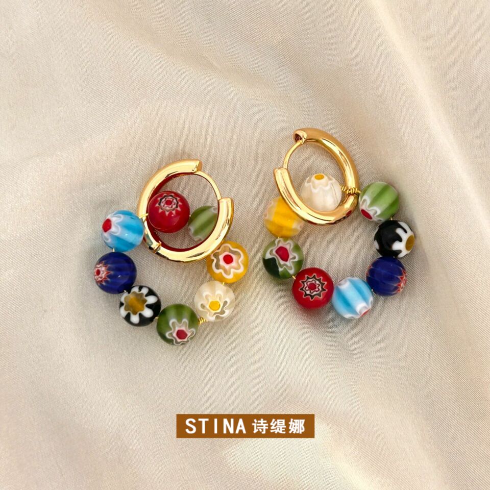 STINA复古彩色千花琉璃珠耳圈小