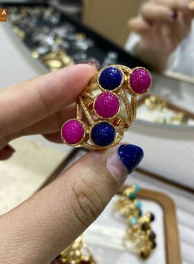 STINA复古轻奢多色天然石开口戒