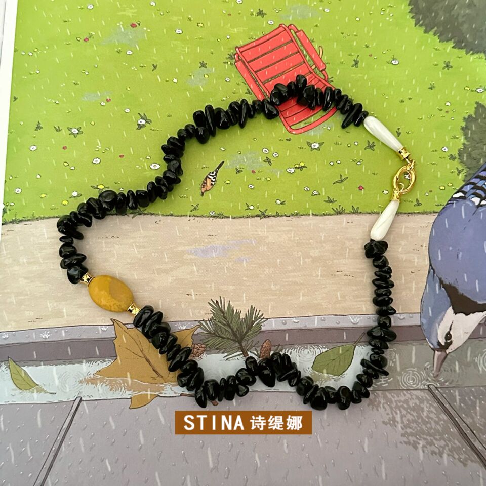 STINA-天然黑玛瑙竹节项链女款复古民族风手工串珠长款毛衣链小众