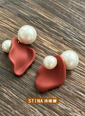 STINA红色哑光双珍珠耳钉一款两