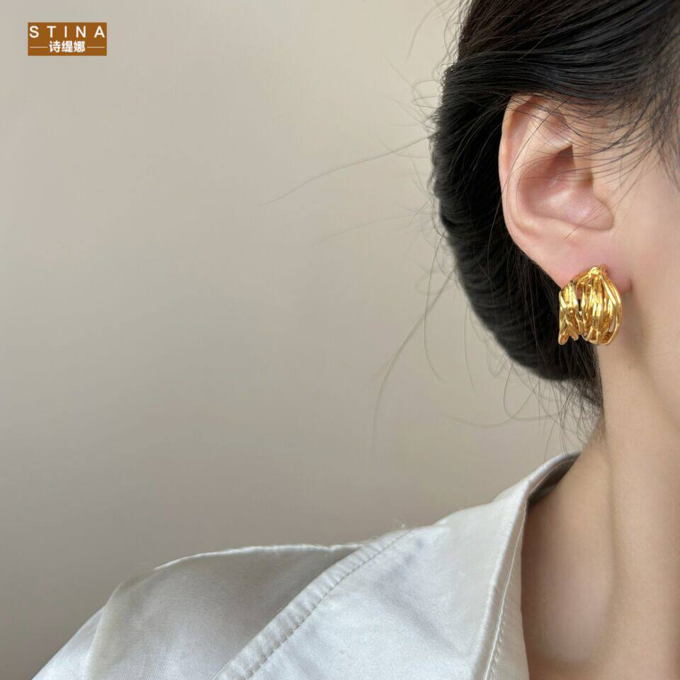 STINA金属线条缠绕耳圈耳环小众