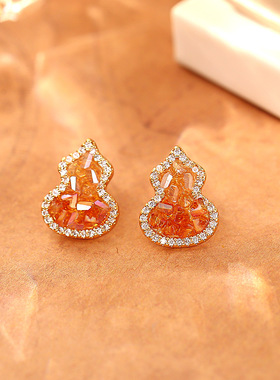 STINA红色葫芦水晶锆石耳钉高级感渐变橙色精致小巧耳环气质时尚