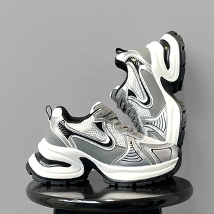 网面透气运动休闲鞋 露思同款 秋季 子男女款 7cm厚底增高银色老爹鞋