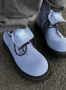 小众高帮蓝色马丁靴男秋冬加绒厚底英伦风工装靴子真皮短靴情侣鞋