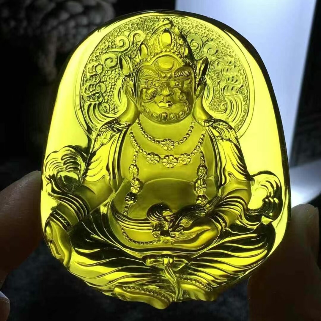 正品天然缅甸琥珀精品净水柳青 黄财神 圆雕吊坠名家工艺收藏礼品
