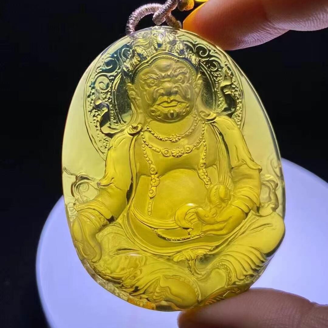 正品天然缅甸琥珀精品玻璃底高蓝黄财神吊坠挂件文玩收藏珠宝饰品