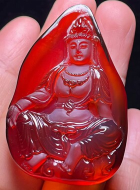 缅甸天然血珀自在观音浮雕吊坠