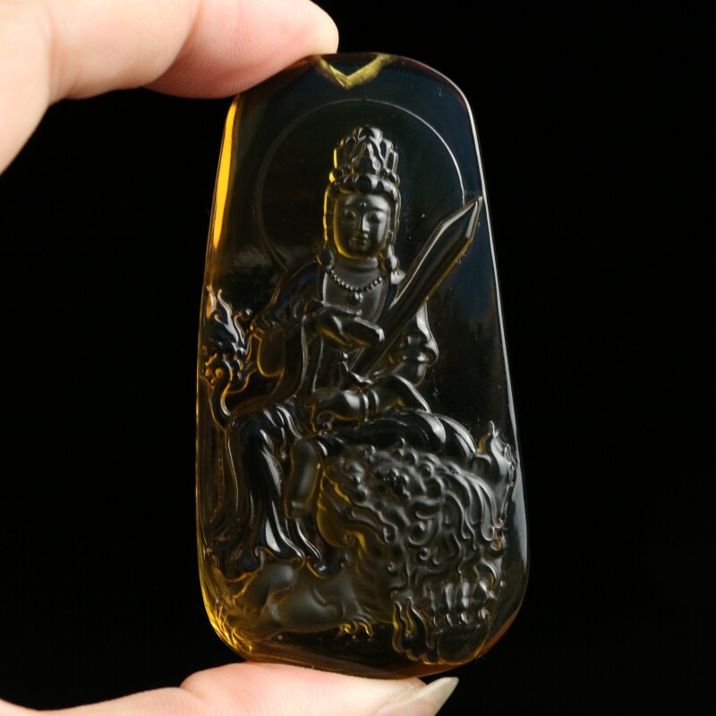 正品天然缅甸精品琥珀净水金兰 文殊菩萨 浮雕挂件属兔本命佛吊坠
