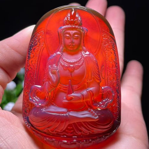 正品天然缅甸琥珀精品玻璃底干放血珀净瓶观音吊坠文玩珠宝饰品