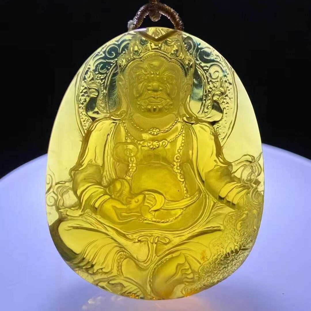正品天然缅甸琥珀高品质高蓝黄财神吊坠挂件文玩收藏工艺珠宝饰品
