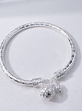 正品足银999.9 精工圆棍吉言宫铃莲花纯银开口手镯时尚高级感饰品