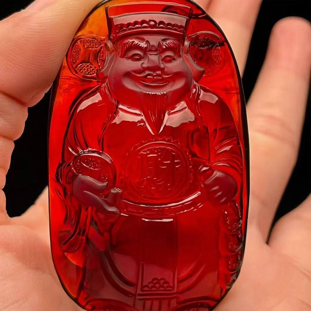 正品天然缅甸琥珀精品玻璃底血珀 财神爷 吊坠文玩工艺珠宝饰品