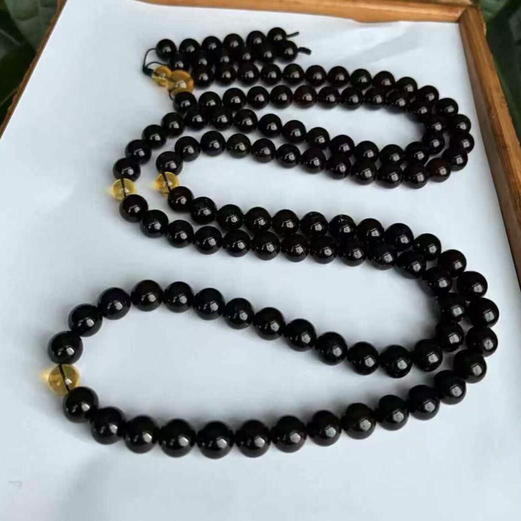 正品天然缅甸琥珀稀有玻璃种翳珀108颗佛珠念珠男款收藏珠宝饰品