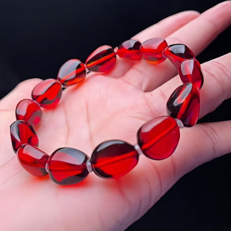 正品天然缅甸琥珀干放酒红血珀随形手串文玩单圈稀有百搭珠宝饰品