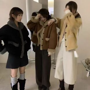 M平62长61 韩系皮毛一体短外套女秋冬小香风气质麂皮绒夹克B7570