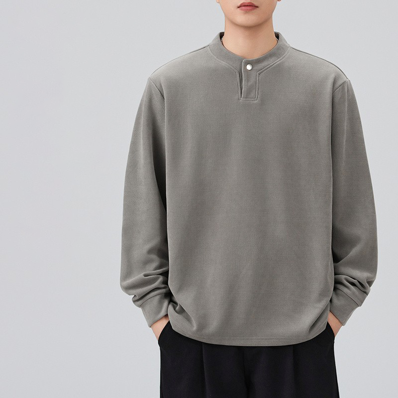 简约风亨利领卫衣男灰色宽松长袖休闲百搭上衣高级感轻奢加绒