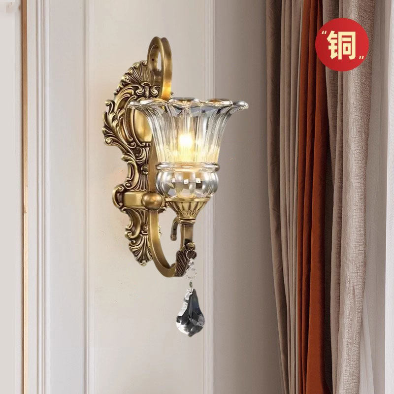 美式壁灯全铜水晶灯轻奢欧式简约客厅卧室壁灯走廊过道背景墙壁灯