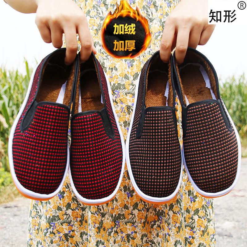 冬季加绒女布棉鞋保暖一脚蹬妈妈鞋手工上线厚底毛绒松紧口