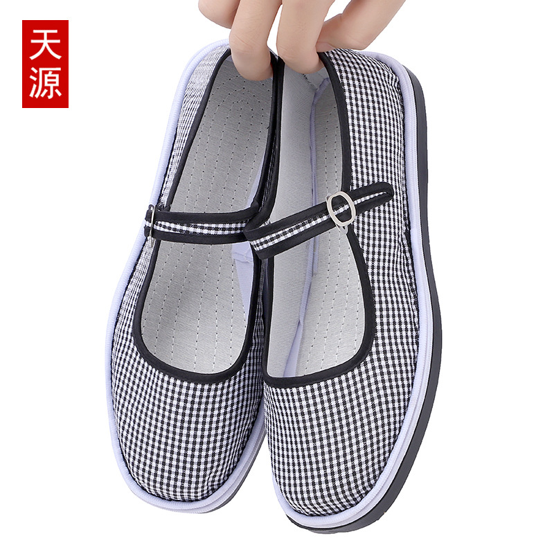 春秋浅口单鞋妈妈布鞋手工棉布搭扣民族风中老年女鞋格子拼色布鞋