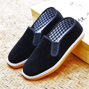 老北京布鞋女款春秋浅口透气套脚轮胎底防滑牛筋底手工休闲黑布鞋