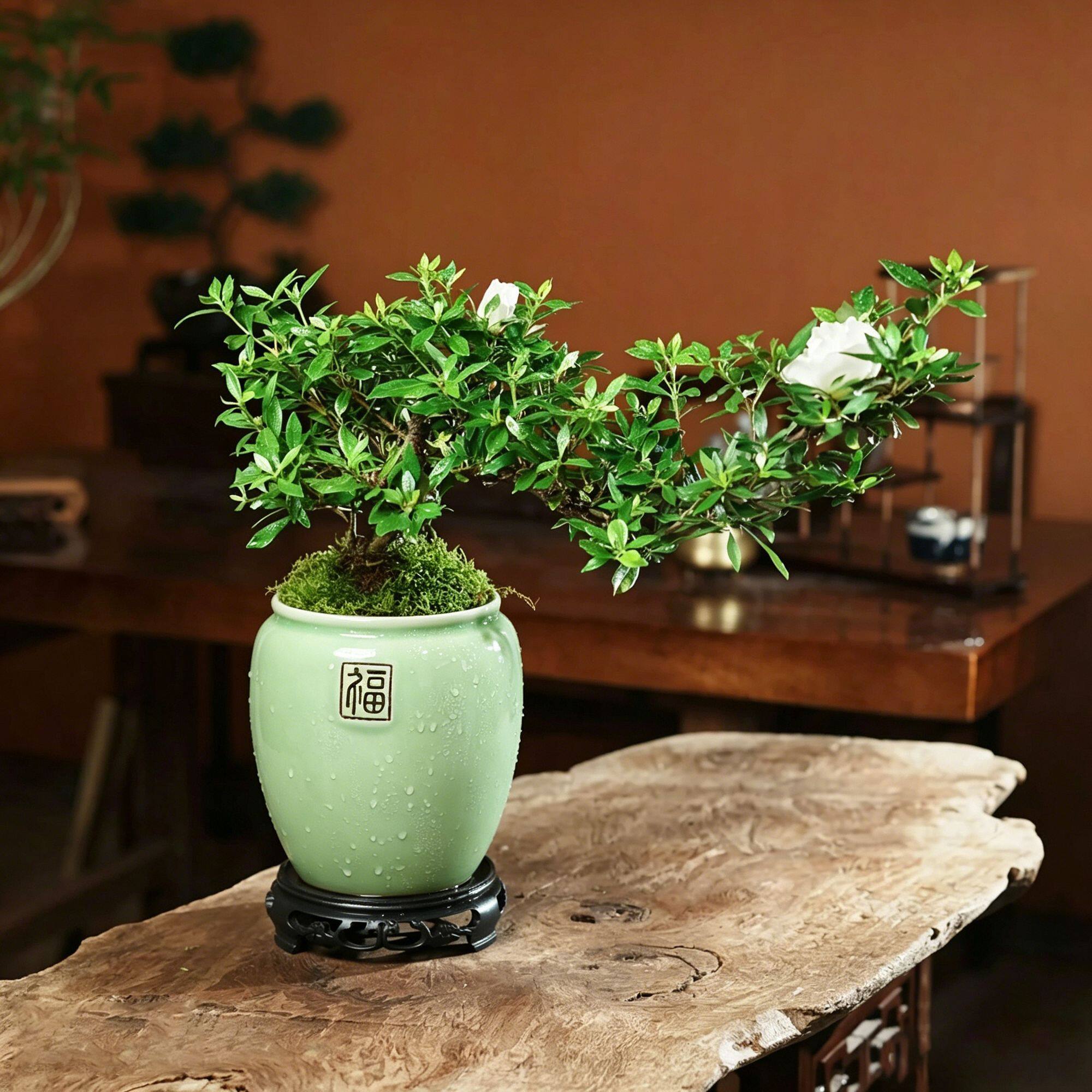 高端海岛栀子花盆景悬崖临水造型老桩水横枝雀舌栀子花开花可水培