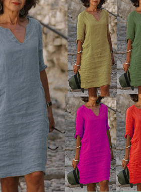 Solid color V-neck dress with seven-quarter sleeves 连衣裙女