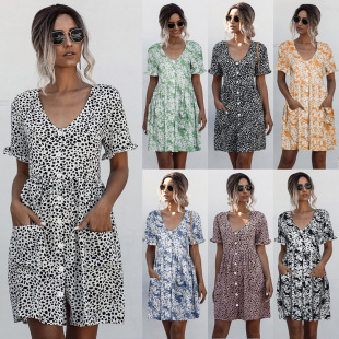 2021 ins short sleeve polka dot print breasted pocket dress