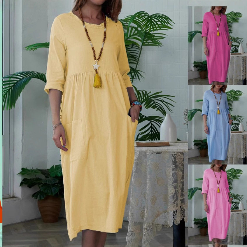 纯色七分袖圆领连衣裙 Solid-color round-neck long dress