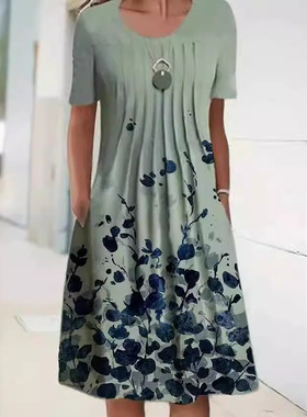 Stylish crew neck short sleeve printed dress 时尚圆领连衣裙