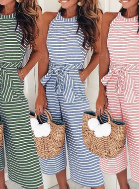 Skinny jumpsuit woman with fashion stripes 休闲修身连体裤女