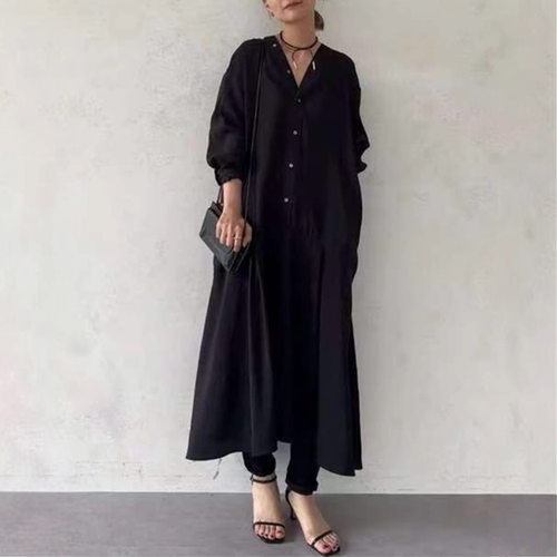 时尚百搭女宽松单排扣长裙显瘦