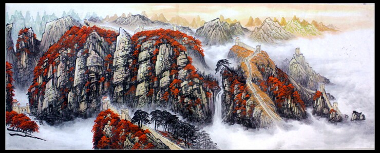 纯手绘国画山水画幽燕金秋图重彩画泰山日出靠山图