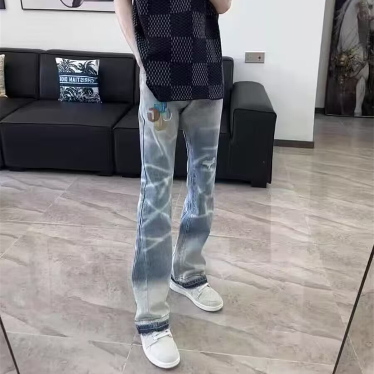 潮流重工破洞补丁刮烂潮牌牛仔裤