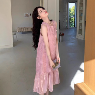 新款 海边度假风长裙女2025夏季 甜美立体花朵假两件宽松背心
