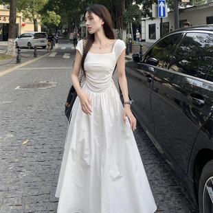 鱼骨褶皱收腰中长裙子女 极简风感今年流行漂亮背心连衣裙女夏季