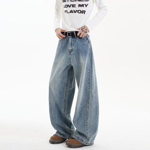 倔强工作室 美式水洗牛仔裤男女复古情侣直筒休闲裤子潮牌ins长裤