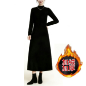 秋冬长袖 圆领长裙子A字长裙显瘦宽松外穿打底极简风黑色连衣裙女