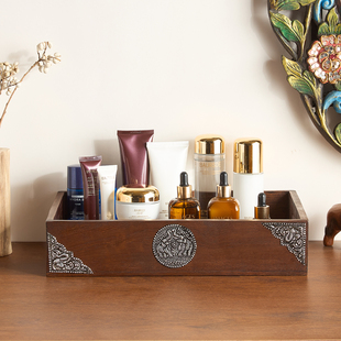 泰国实木收纳盒桌面零食化妆品护肤品收纳盒木质卫生间复古储物盒