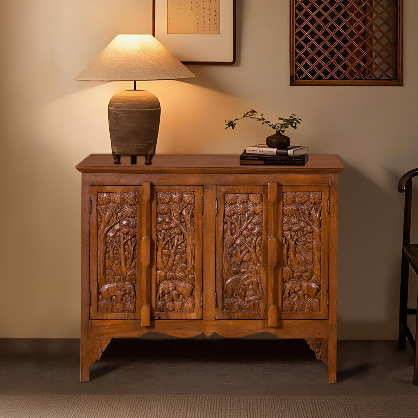 实木复古鞋柜玄关柜创意储物柜东南亚风格家居门厅柜收纳装饰柜子