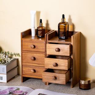 复古实木收纳盒桌面化妆品首饰整理盒家用杂物整理箱储物柜置物架
