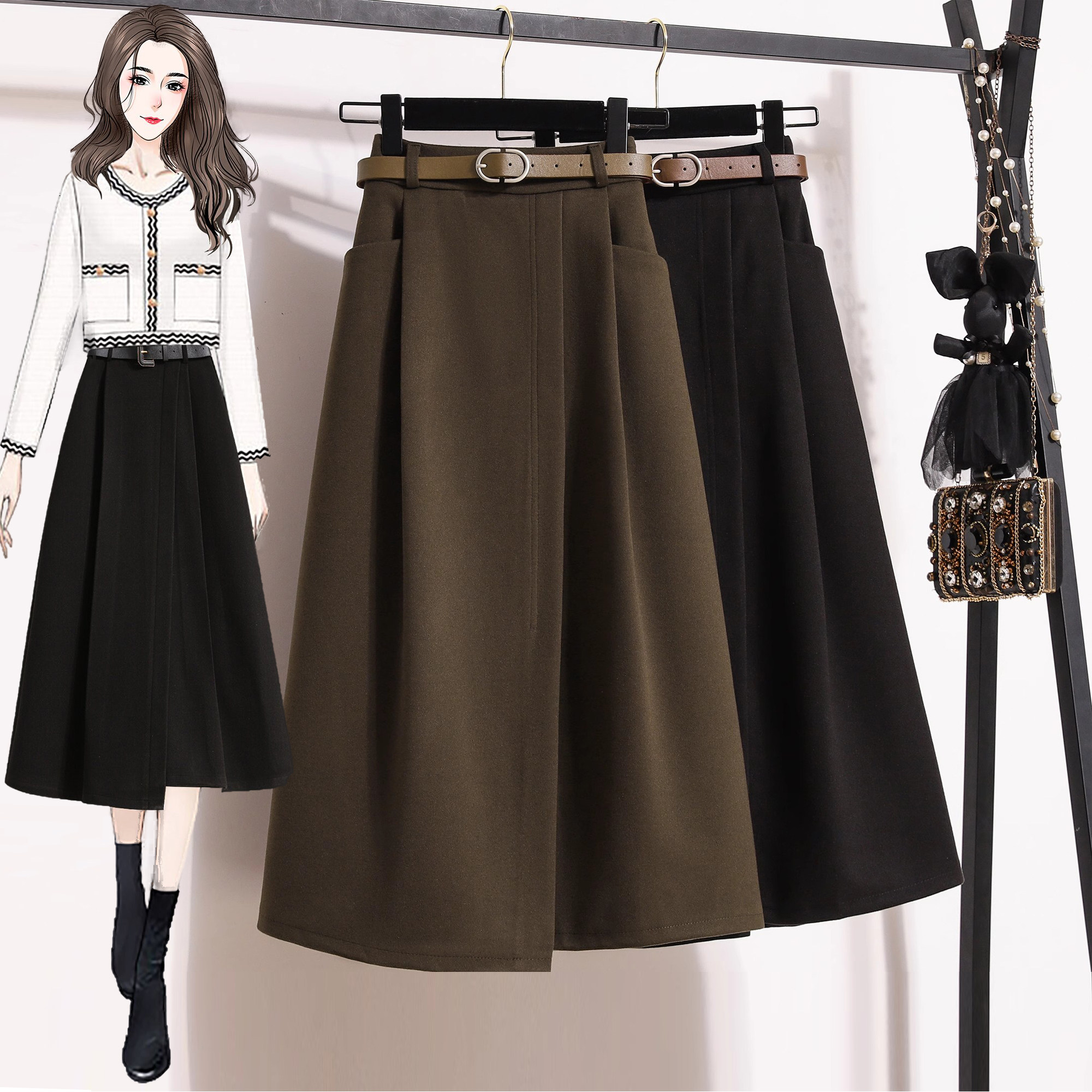 中长裙A星不规则显瘦毛呢半身裙