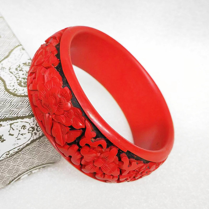 BEIJING CARVED LACQUER HANDMADE BRACELETS PEONY FLOWER LACQUERWARE BRACELETS ETHNIC STYLE JEWELRY WEDDING GIFTS