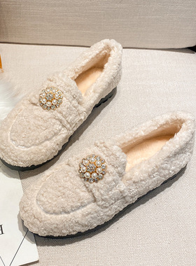 法式毛毛鞋2025秋冬新款平底豆豆加绒保暖棉鞋仙女风圆头软底单鞋