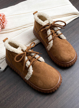 2025秋冬新款系带雪地靴厚底豆豆加绒保暖棉鞋仙女风圆头毛毛单鞋