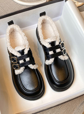 2025秋冬新款粗跟加绒乐福鞋圆头休闲棉鞋时尚英伦软底舒适单鞋